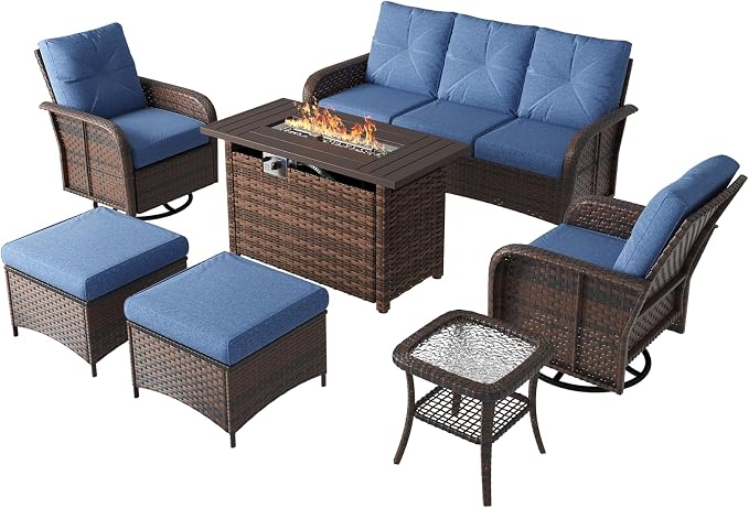 LazySunsets 9 Piece Outdoor Patio Furniture Set with 44'' Fire Pit Table, Wicker Rattan Outdoor Furniture with High Back Swivel Rocker Chairs, Outdoor Sofa Set with Thick Cushions & Ottoman, Navy Blue