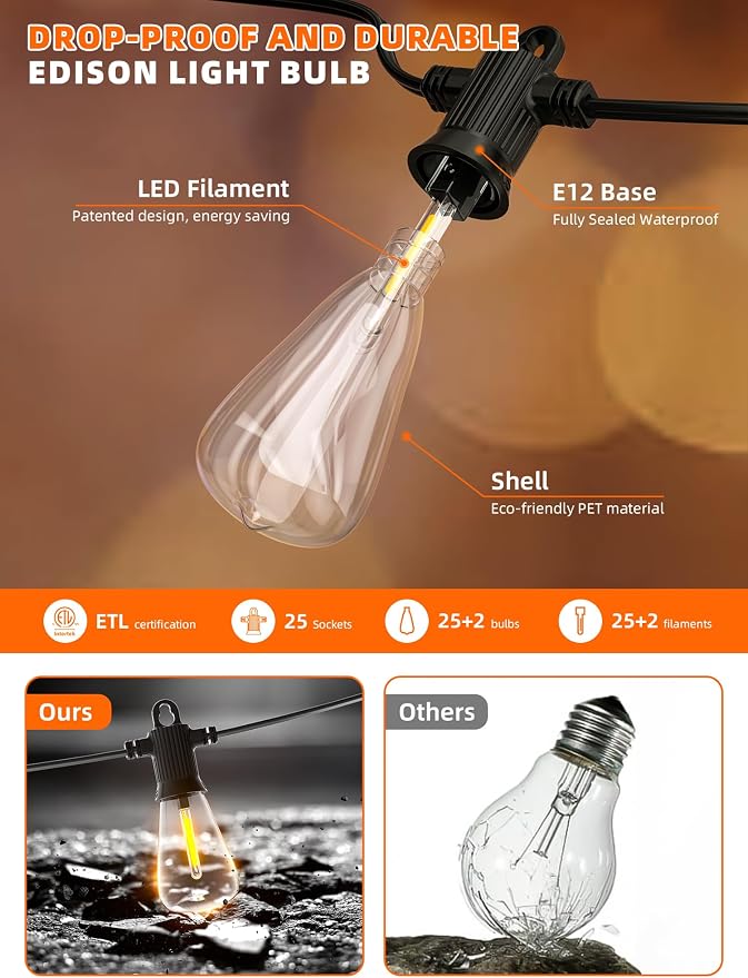 Kawaya Solar Powered String Lights: 50 FT LED Outdoor Patio Hanging Lights with 25+2 Edison Bulbs - USB-Charging - IP65 Waterproof Shatterproof Edison Bulbs for Bistro Cafe Camp Yard Balcony