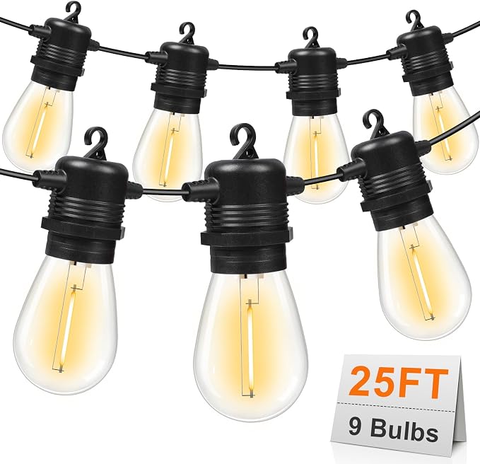GvvooHome LED Outdoor String Lights 25FT with 9 Shatterproof S14 Bulbs, Waterproof for Porch, Deck, Garden, Balcony, Dimmable 2700K
