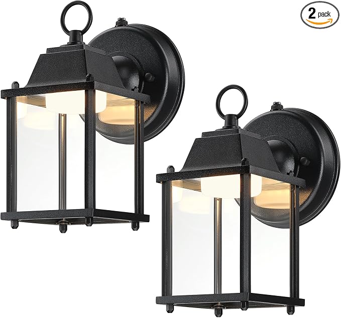Outdoor Wall Light Fixture Dusk to Dawn, Rustproof Aluminum, LED | Exterior Porch Light Wall Sconce Lantern for House, Patio, Garage, Waterproof, Glass, 9.5W 800 Lumen, 3000K, Black, 2 Pack