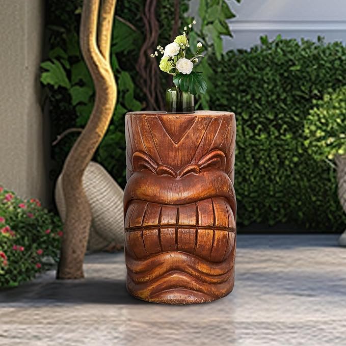 SKYFIRE Tiki Face Faux Wood Stump - The Grand Tiki Face Kanaloa Teeth Indoor Outdoor Side Table Statue for Garden, Patio, Backyard, Lawn, House, Office Decor -19.6" H Concrete Tiki Statue