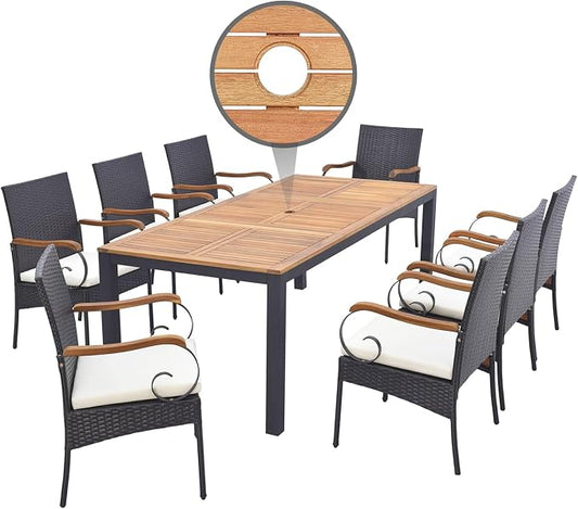 Tangkula 9 Pieces Patio Rattan Dining Set with Acacia Wood Table, Outdoor Table and Chairs Set with Cushions and 1.9” Umbrella Hole, Outdoor Dining Furniture Set for Backyard, Garden and Poolside