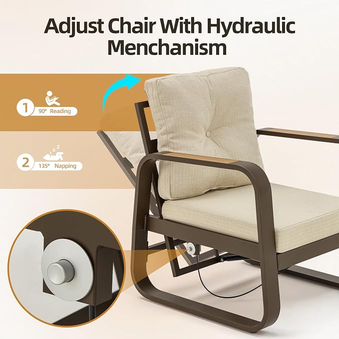 6 Pcs Aluminum Patio Furniture Set with Coffee Table Outdoor Conversation Sofa Set Include Adjustable 3-Seater Sofa, 2 Hydraulic Chair, 2 Ottoman for Balcony, Garden, Poolsid （Beige）