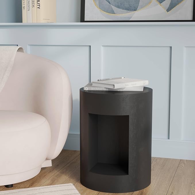 LeisureMod 14” Wide Black Round Side Table in Fiberstone with Open Storage, Painted Finish, for Indoor Outdoor Use, Modern Living Room, Bedroom, Patio, Garden
