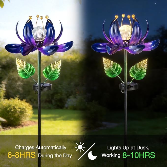 AIINY Solar Purple Metal Flower Wind Spinners, Colorful Spinning Windmill Lotus Yard Art Lights with LED Crystal Ball Decorative Stake Lighting Flower Sculpture
