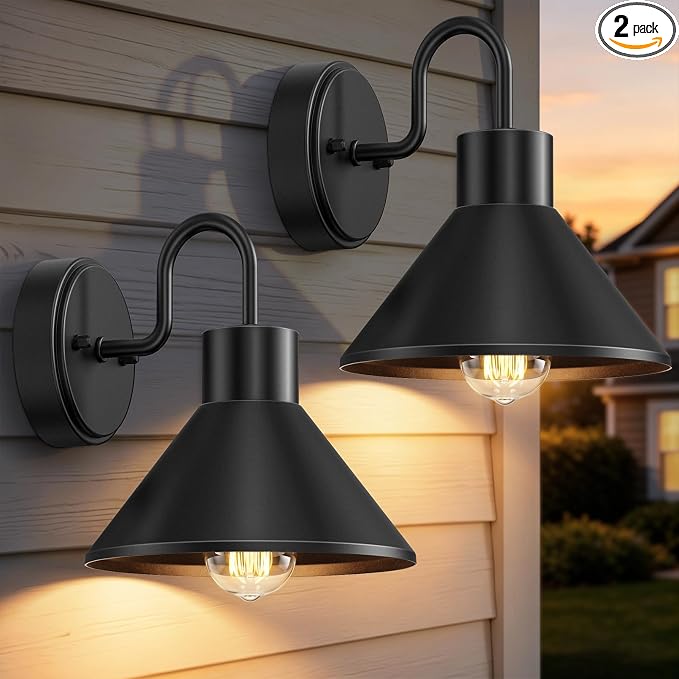 Lamomo 2-Pack Gooseneck Outdoor Barn Light, Black Wall Sconces Waterproof | 8" Vintage Farmhouse Exterior Lighting Fixture, Outside Rustproof Porch Light Outdoor for House Garage Entryway Patio Shed