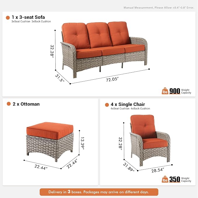 7-Piece Outdoor Patio Furniture Set with Ottomans 3 Seater Couch,All Weather Wicker Rattan Patio Seating Sofa and Chair Set with Ottomans,Outdoor Conversation Sets for Porch Deck Yard,Red