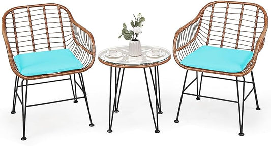 COSTWAY 3 Pieces Patio Bistro Set, Outdoor Rattan Conversation Seating Chair Set with Coffee Table & Soft Cushions, Indoor Wicker Furniture Set for Garden, Balcony, Porch, Pool, Turquoise