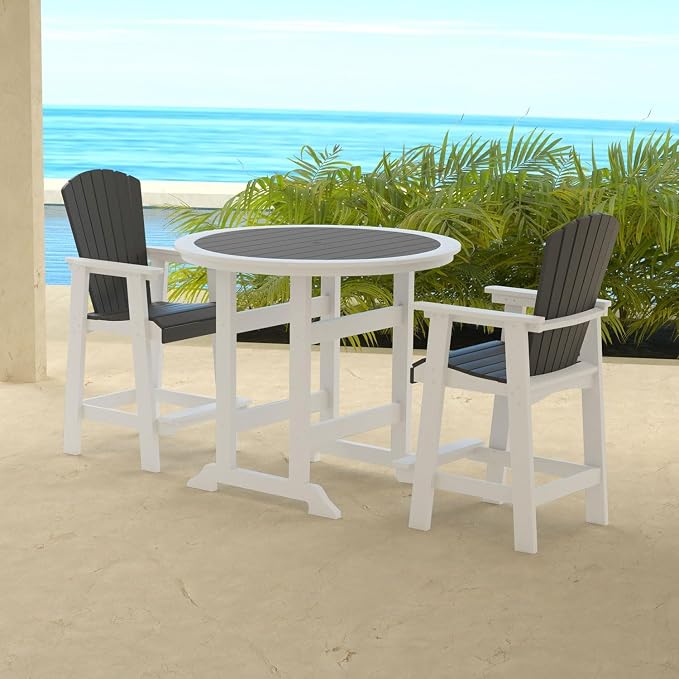 Outdoor Bar Height Chairs, Tall Adirondack Chairs Bar Stools with Arm for Backyard Deck Balcony Front Porch White & Grey