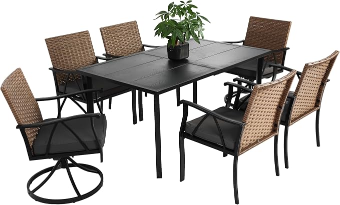 KEIKI Outdoor Dining Set, 7 Pieces Patio Furniture Set with Steel Tabletop and Swivel Chairs, Wicker Table and Chairs Set with Umbrella Hole for Backyard, Garden and Deck