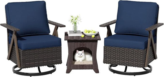 Outdoor Swivel Rocker Chairs, 3 Pieces Wicker Swivel Patio Chair with Rattan Side Table, Patio Furniture Set for Outside Porch Deck