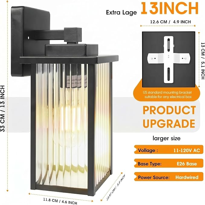 2-Pack 13-Inch Matte Black Outdoor Wall Light, All-Metal Frame | Textured Glass Softens Glare, Stays Bright. Waterproof Rust-Resistant Metal. Pre-Assembled DIY Install on Porch, Garage