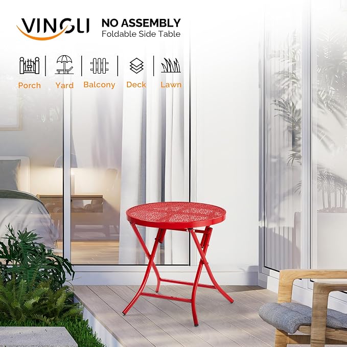 VINGLI Outdoor Folding Side Table with Chic Hollow Pattern and Durable, Rust-Resistant Coated Iron Patio Bistro Table Suitable for Indoor & Outdoor Porch, Deck, Balcony and Pool,Red