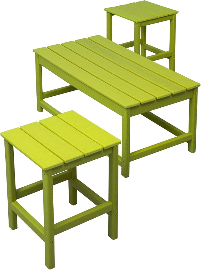 WO Home Furniture HDPE 2pcs Side and 1pc Coffee Table for Adirondack Chair, Weather and UV Resistant for Outdoor, Patio, Backyard, Porch, Garden, Lime