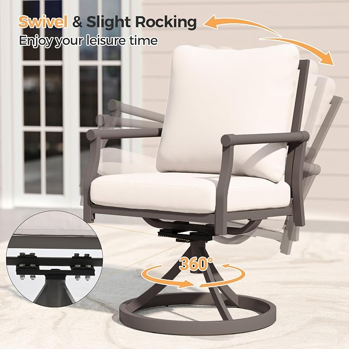 HAPPATIO Patio Dining Set, Metal Outdoor Table and Chairs Set for 8, Powder-Coated Swivel Rocking Chairs with Thick Cushions, 80" Rectangular Table with 1.9" Umbrella Hole for Deck Backyard Lawn