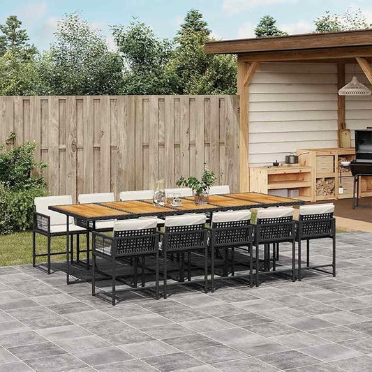 11 Piece Patio Dining Set with Cushions, Outdoor Rattan Table and 10 Folding Chairs, Black Poly Rattan Furniture for Backyard Garden Deck, UV-Proof, Space-Saving Design, 242. 5 Cream White Cushions