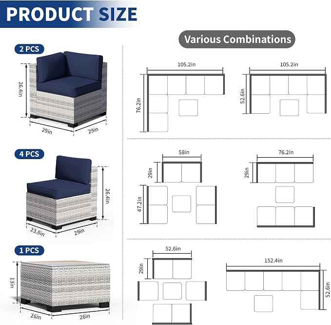 SHGJ&SOFT 4pcs Patio Furniture Set, Outdoor Loveseat Couch, Waterproof Rattan Sofa with Storage,Patio Couch Sets Wicker Furniture for Porch,Balcony (Grey&Blue, 7pcs)