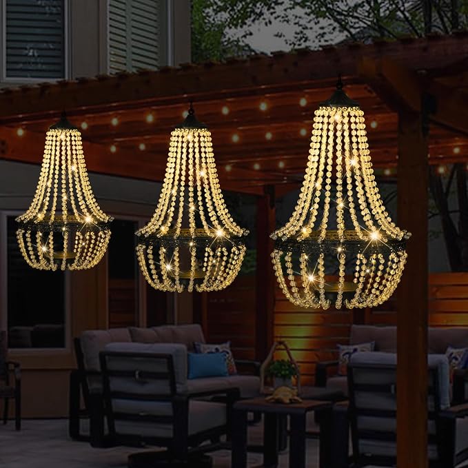 Hanging Solar Lantern Outdoor, 28” Modern Clear Crystal Acrylic Chandelier with 30 Warm White Lights S Hook for Garden, Yard, Patio, Gazebo Decorations
