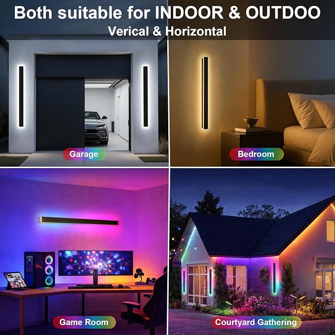 Modern Outdoor RGB Wall Lights, 47 Inch RGB Warm White Dimmable Exterior Wall Sconce, Ip65 Waterproof Black Linear Long Wall Light with Remote and APP Control for House, Garage, Front Door, Porch