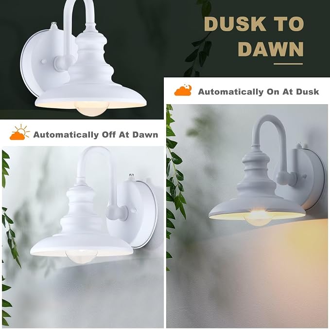 Dusk to Dawn Sensor Outdoor Gooseneck Barn Light Fixture White | Exterior Wall Sconce Lighting Waterproof Outside Porch Lantern Rustic Wall Mount Lamp for House Garage Farmhouse