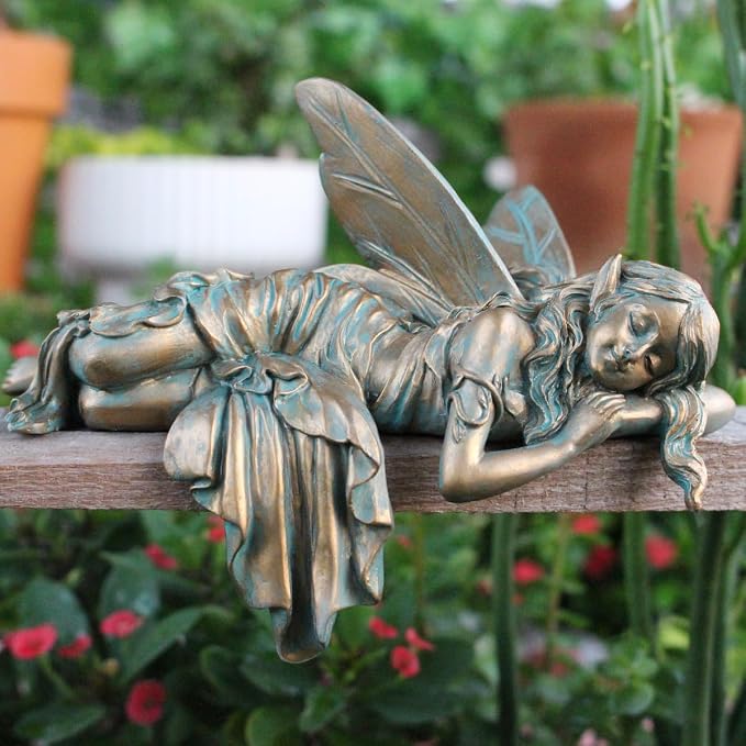 Vintage Bronze Sleeping Fairy Statue Outdoor Garden Decor, 6.1" Resin Angel Figurine Home Shelf Sitter Yard Art Sculpture for Patio Lawn Porch Ornaments