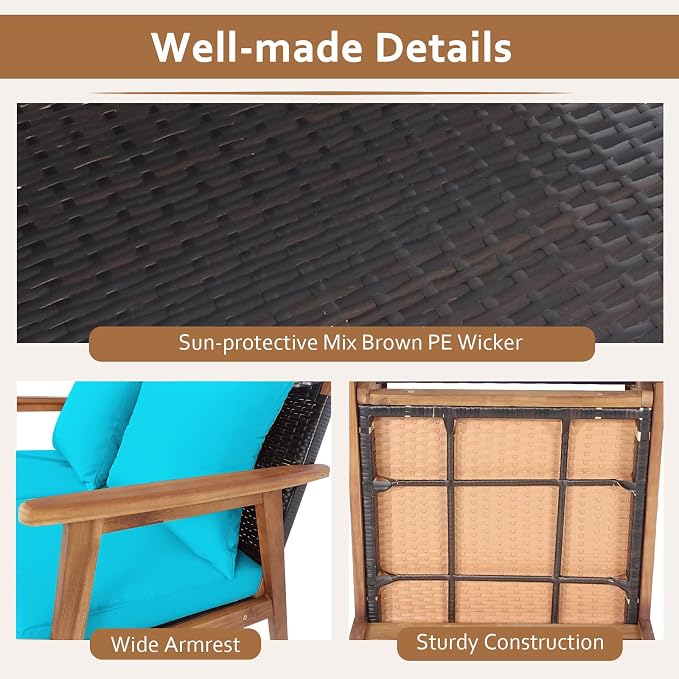 Tangkula 4-Piece Patio Furniture Set, Outdoor Acacia Wood Conversation Set with Cushions and Coffee Table, Outdoor PE Wicker Sectional Sofa Set for Garden, Poolside and Backyard (1, Turquoise)