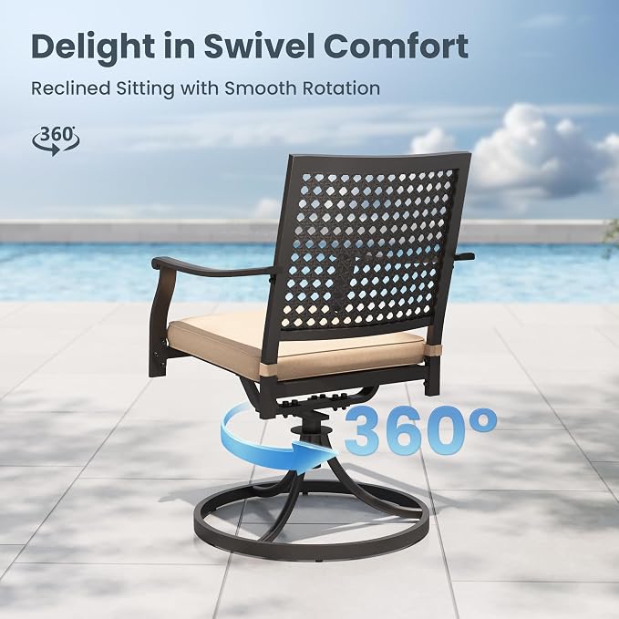 PHI VILLA Outdoor Dining Set for 6, 59" Metal Table & Chairs w/Cushions | 7 pcs black wrought iron furniture set w/ umbrella hole. All weather for patio, deck, yard, porch