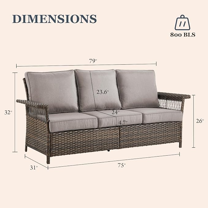 Patio Furniture Set 2 Wicker Patio Chairs 1 Sofa with PE Rattan Coffee Table Brown Wicker Grey Cushions Patio Conversation Set 4pcs for Garden Balcony Sunroom Backyard