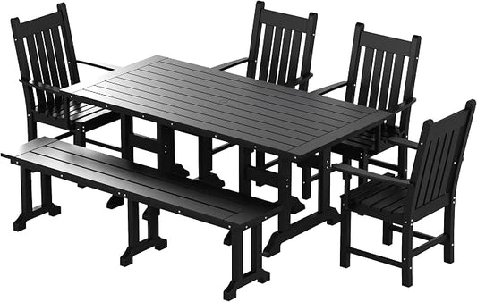 WO Home Furniture Adirondack Patio Dining Chair Table Bench Set of 6 PCS Rectangle Dinner Table Dining Arm-Chairs (Black)