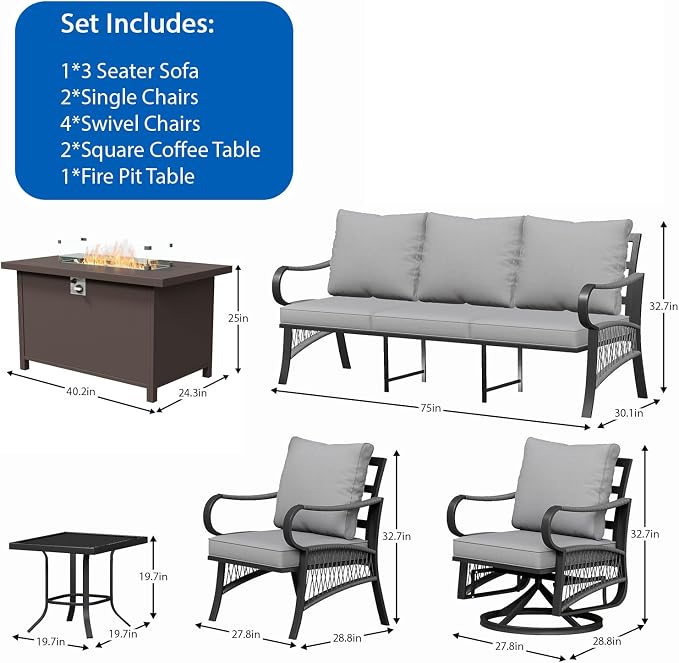 10 Piece Patio Furniture Set with 50000 BTU Propane Fire Pit Table, All Weather Outdoor Conversation Set with 4 Swivel Chairs, Sofa and Thick Cushions for Garden, Porch, Lawn, Grey
