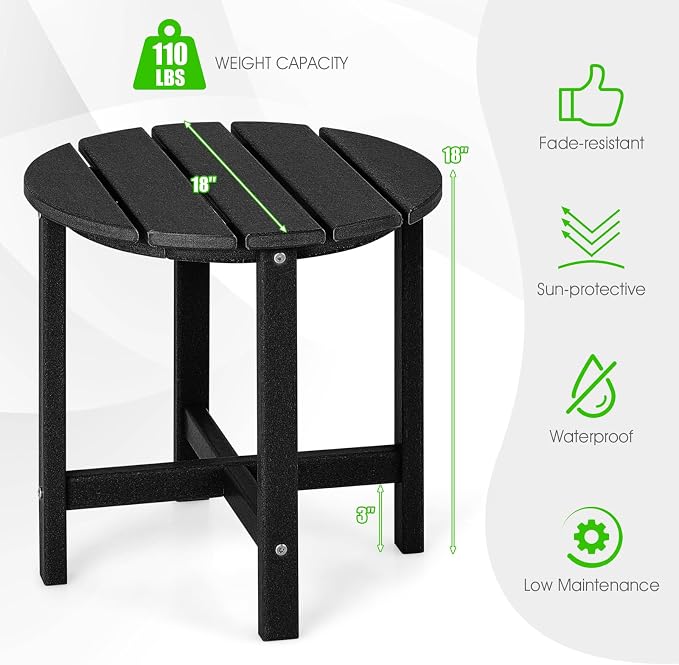 Tangkula Round Outdoor Side Table, 18 Inch Weather Resistant HDPE Adirondack Table, Outdoor Indoor Chairside End Tables, Patio Side Table for Lawn Garden Balcony Backyard, Easy Assembly (1, Black)