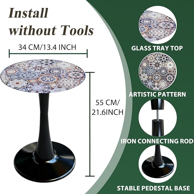 13.4" Outdoor Side Table, Round Patio Bistro Table Printed Tempered Glass Top, Waterproof Rust-Proof Base, Small Plant Stand for Balcony, Garden, Deck, 21.6" H (Bohemia)