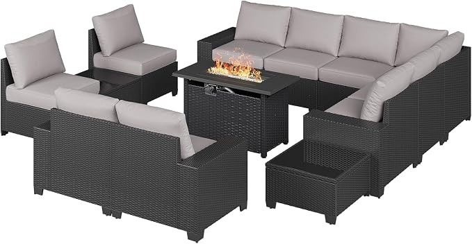 Aoxun Patio Furniture Sets with 44'' Fire Pit, 13 Pcs Outdoor Patio Coversation Set with 4in Thicken Cushion, Widen Armrests Wicker Outdoor Sectional for Backyard