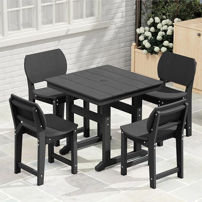 5-Piece HDPE Outdoor Dining Set, Weatherproof Patio Table and Chairs Set for 4, Includes 1 Square Table and 6 Armless Chairs, with Umbrella Hole (Black)
