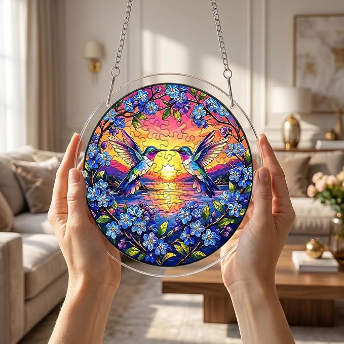 Acrylic Puzzle Suncatcher, Hummingbird & Flower Sun Catcher Jigsaw Puzzle Window Hanging, Acrylic Puzzles Kit Home Garden Decor, for Mom, Wife, Sisters, 7.87 inch