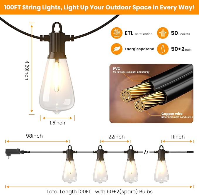 Kawaya Outdoor String Lights for Patio - ST38 Outside IP65 Waterproof Hanging Light with 2700k~6000k Dimmable - 100FT Led Edison Lights for Cafe Bistro Yard Gazebo Porch