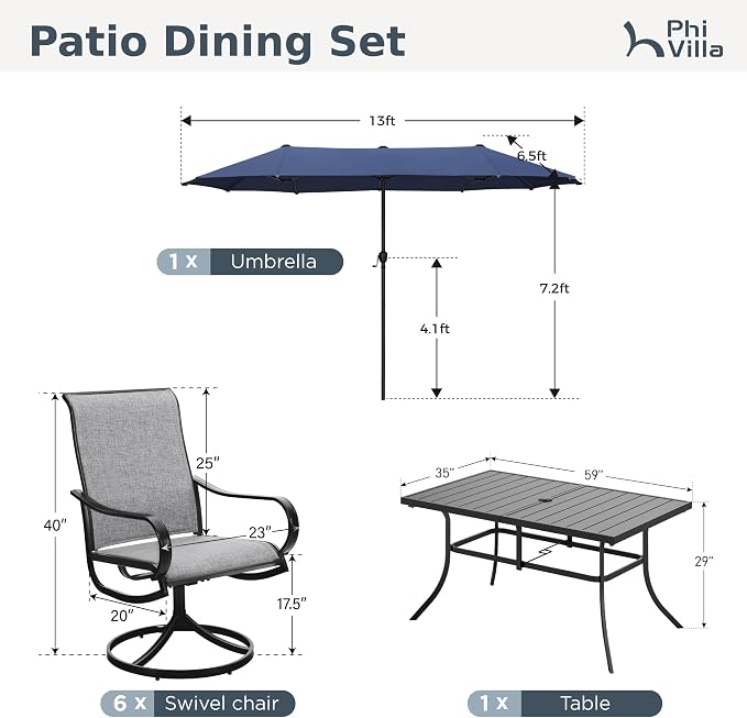 PHI VILLA Patio Dining Set with 13ft Umbrella for 6, Swivel Mesh Chairs | 59'' metal rectangular table, 6 grey outdoor textilene chairs and 13ft navy blue umbrella(NO BASE) for deck, garden, backyard