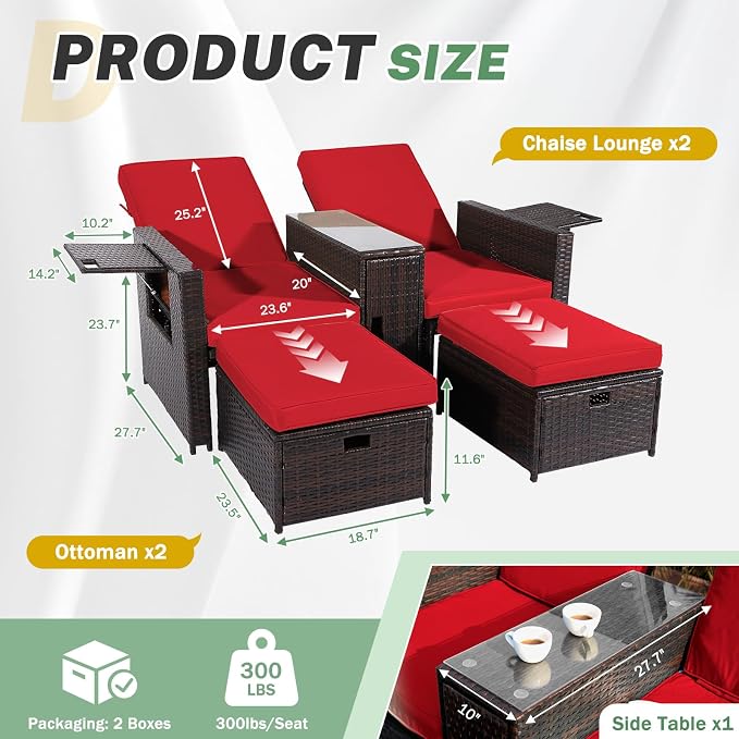 LVUYOYO 5 Piece Patio Furniture Set, Patio Wicker Conversation Set with Ottoman, Outdoor Chaise Lounge Chair with Side Table & Adjustable Backrest for Pool Backyard Garden (Brown Wicker Red Cushion)