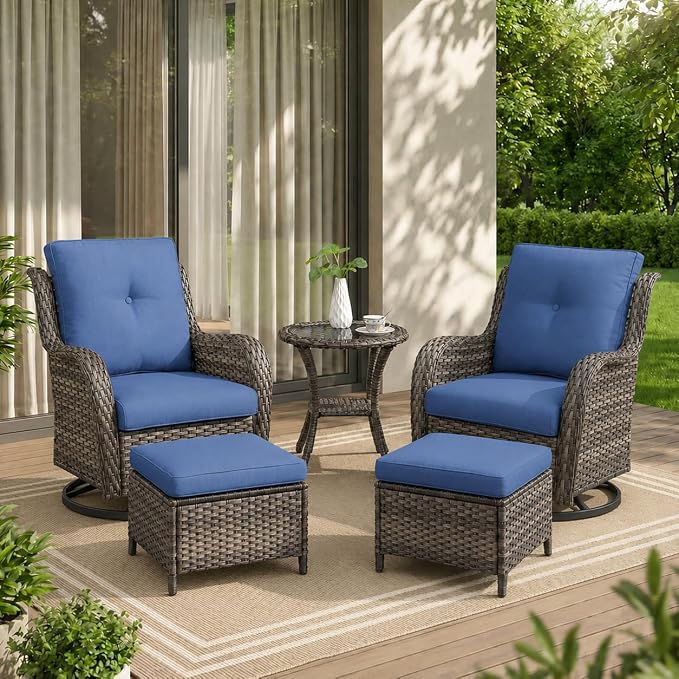 Rilyson Wicker Patio Furniture Set - 5 Piece Rattan Outdoor Sectional Conversation Sets with 2 Swivel Rocking Chairs,2 Ottomans and 1 Side Table for Porch Deck Garden(Mixed Grey/Blue)