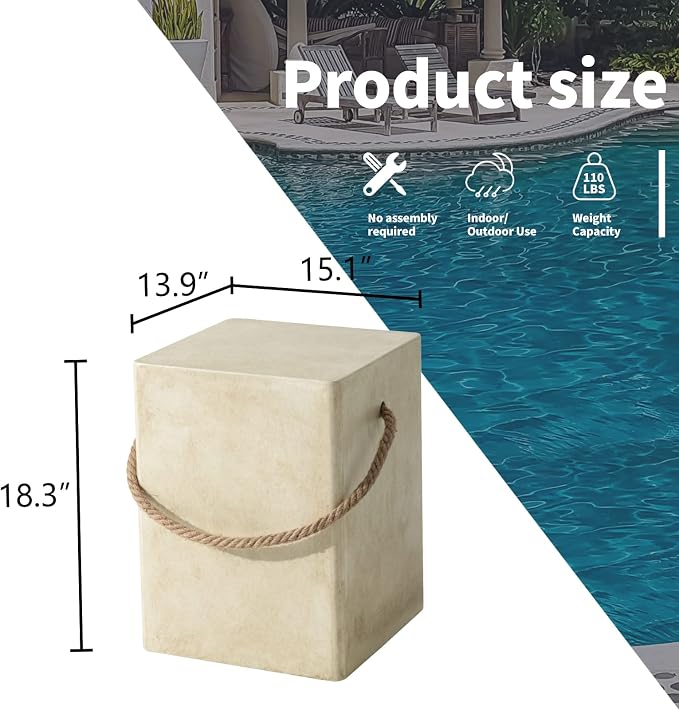 HOMPUS Outdoor Side Table w Hemp Rope Handle, Patio MgO Concrete Natural End Table, Square Accent Table, Small Coffee Table for Garden, Patio, Porch and Deck, Warm Grey