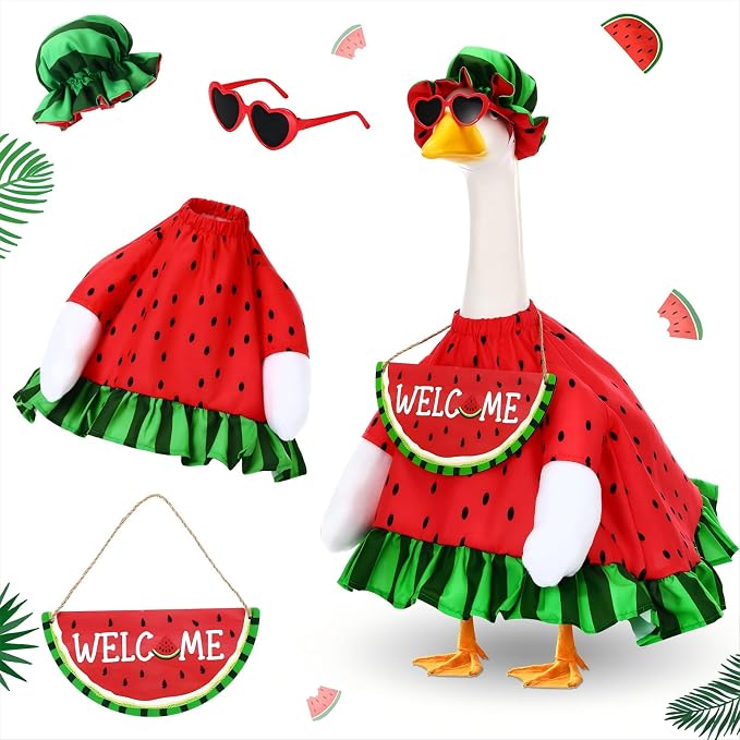 Summer Watermelon Porch Goose Outfits Summer Dress with Frilled Hat & Skirt Welcome Wooden Sign Fits 23" Cement Goose Statue Outdoor Garden Yard Patio Lawn Decor(Watermelon)