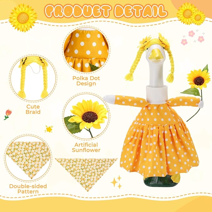 4pcs Sunflower Porch Goose Outfit for 23 Inch Geese Lawn | Summer Porch Goose Clothes with Polka Dot Dress Floral Bandana Yarn Braid Wig Sunflower Prop for Patio Yard Decor