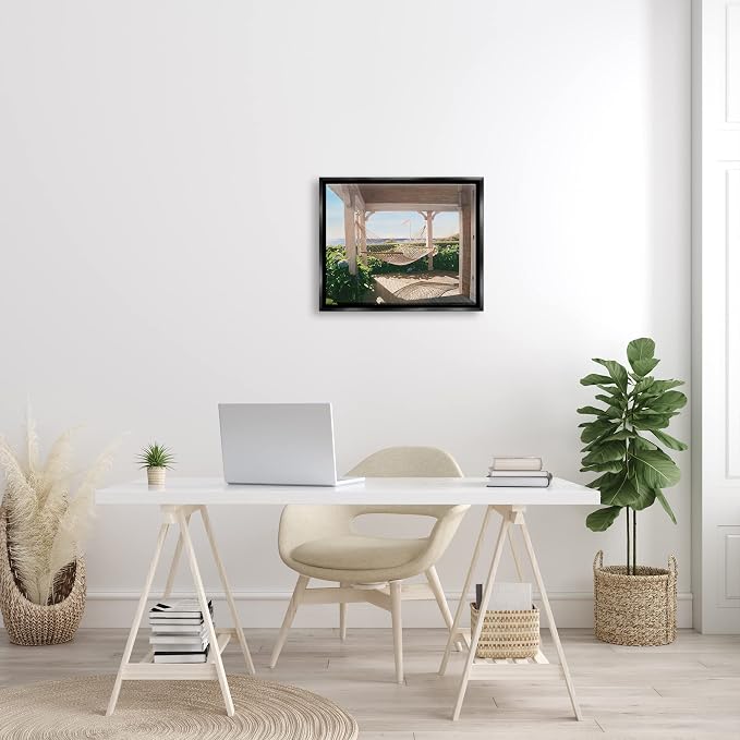 'Tranquil Hammock Warm Sunlit Porch Rural'| Floating Frame Canvas Art | Stupell Industries | Black, 21 x 17 Inches, Easy to Hang and Sturdy, Made in USA, by Tom Mielko