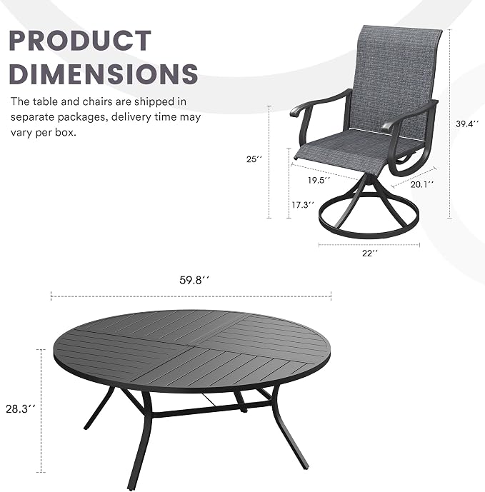 9 Pieces Patio Furniture Dining Set, 8 Textilene Swivel Dining Chairs, 60" Outdoor Round Metal Table with 1.57" Umbrella Hole, Outdoor Dining Set for Porch, Lawn, Garden, Black/Black