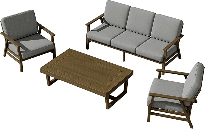 4 Pieces Patio Furniture Sets, Teak Wood Outdoor Sectional Furniture with Coffee Table, 5 Seats Patio Sofa Couch Conversation Set for Backyard Deck - Gray