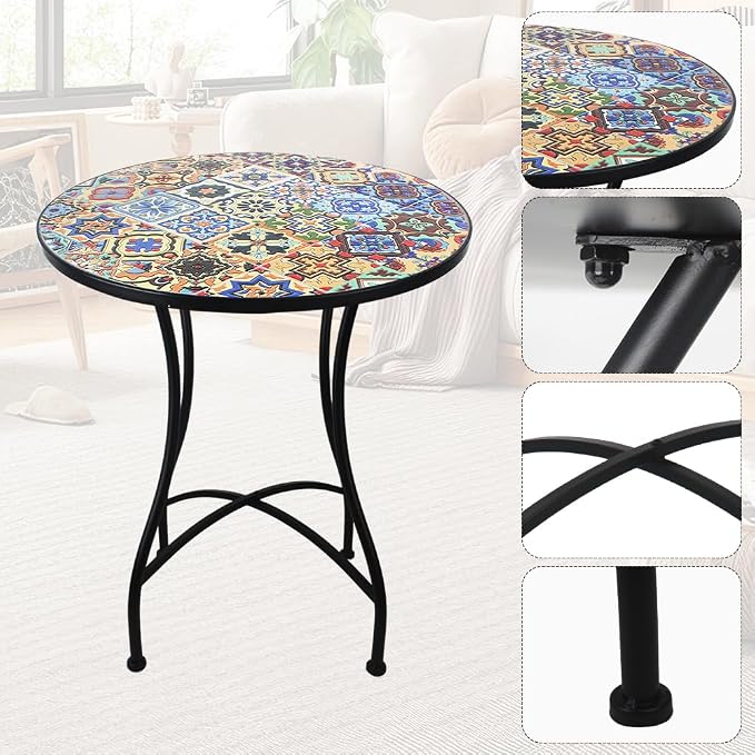 23.6" Outdoor Patio Mosaic Round Table Garden Bistro Accent Table | Ceramic Tile Waterptoof Side End Table Metal Frame Dining Table Furniture for Balcony Backyard Porch Poolside Terrace