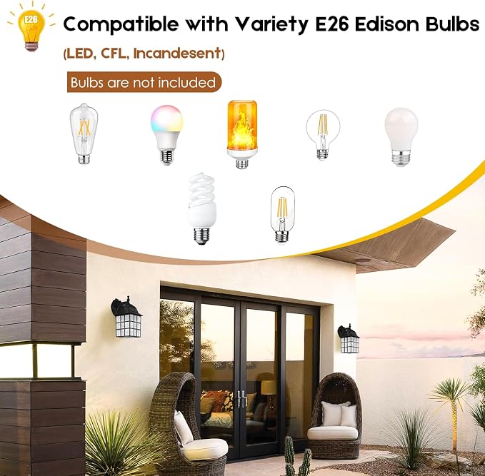 2-Pack Dusk to Dawn Outdoor Wall Lantern, Exterior Light Fixtures with Photocell Sensor, Black Wall Light Waterproof, Waterfall Glass Outside Wall Sconce for Porch House Garage