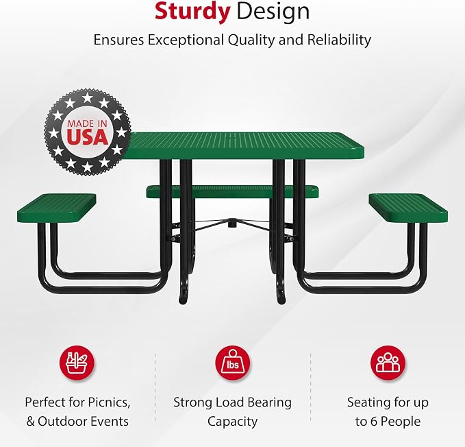 Leisure Craft Metal Picnic Table with Bench - 46" Square Outdoor Dining Table with Umbrella Hole, Heavy Duty Thermoplastic Coating, ADA Compliant, Commercial Grade Furniture Made in USA - Green