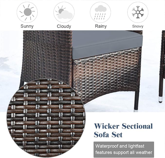 COSTWAY 8PCS Rattan Patio Furniture Set | Outdoor Wicker Rattan Chairs with Coffee Table, Rattan Cushioned Conversation Set for Backyard Balcony Poolside, Grey