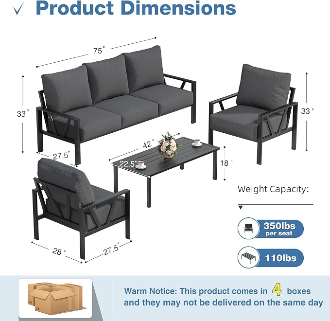 Patio Furniture Set, Metal Outdoor Furniture with Coffee Table, Modern Outdoor Patio Conversation Seating Set, Grey